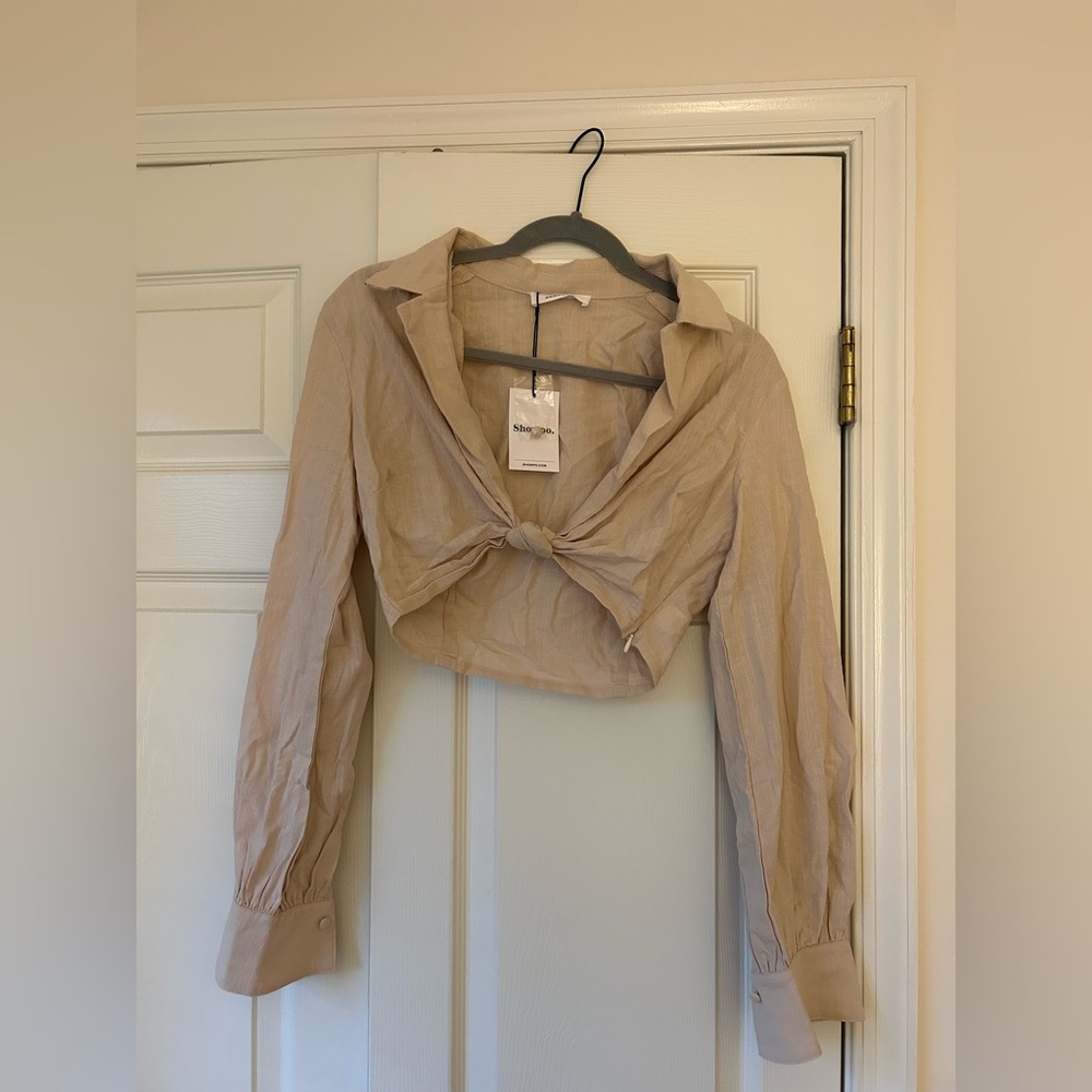 Showpo Beige Tie Front Blouse